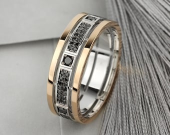 Unique mens wedding band with black diamonds. Mens wedding ring. Wide ring for men. Black diamond gold ring.