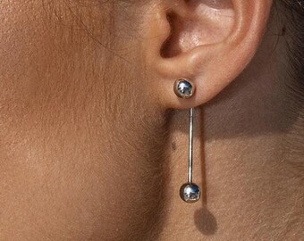 Long Gold Drop Earrings 14k Solid Gold.Dangle Drop Earrings. Sphere Earrings. Gold bar earrings. Women's gold earrings
