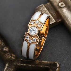 Womens wedding band with moissanites and white enamel. Ring for her. Unique wedding band. Anniversary ring. Rose gold womens ring.