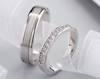 White gold wedding bands with natural diamonds. Couple rings set. Wedding rings set.