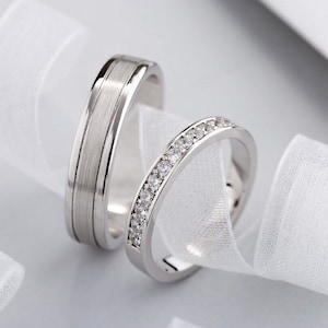 White gold wedding bands with natural diamonds. Couple rings set. Wedding rings set.