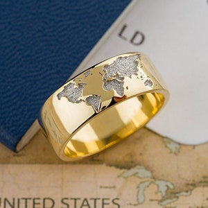 Gouden herenring met wereldkaartontwerp. Unieke ring voor mannen gemaakt van massief 14k goud. Ongebruikelijke gouden ring. Gouden herenring. Gouden damesband