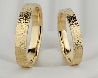 Hammered Ring Set. 14k Brushed Hammered Wedding Bands. Matching wedding rings set. His and Hers Wedding Rings. Hammered gold ring