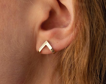 14k Solid Gold Chevron Earrings, V Shaped Gold Studs, Minimalist Ear Jackets, Real Gold Geometric Earrings. Huggie Cuff Earrings