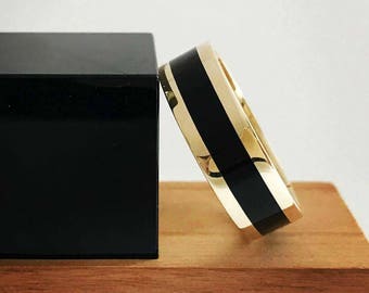 Mens wedding band. Gold ring with enamel. Wedding band mens. Black wedding band. Mens wedding ring. Wedding band for him. Mens wedding band.