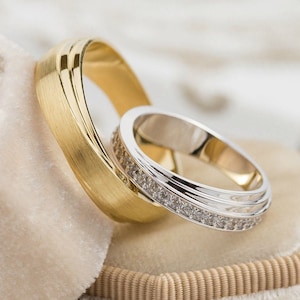 His and hers wedding bands set. Unique wedding bands. Gold wedding rings with diamonds. Matching wedding bands. Couples gold bands.14k rings