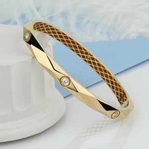 14k Gold Faceted Bangle Bracelet. Solid Gold Women&#39;s Bracelet.14K Real Gold Hinged Bracelet, Unique gold bracelet for women.Anniversary gift