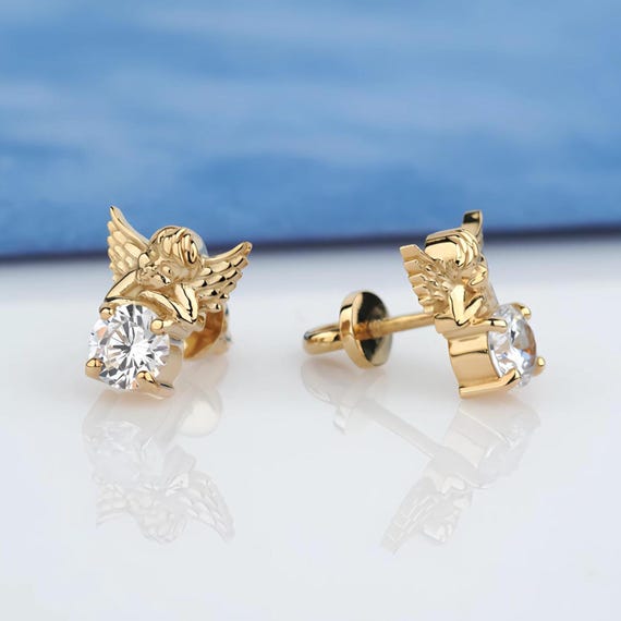 14k Gold Angel Gold Stud Unique Gold Earrings