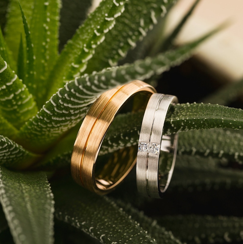 Matte Brushed Wedding Bands Made of Solid Gold With Diamonds. Etsy