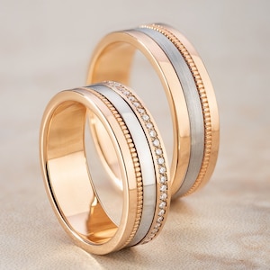 Two-tone wedding bands set. Unique wedding bands. Matching wedding rings. Solid gold wedding bands. His and hers wedding bands. Gold bands