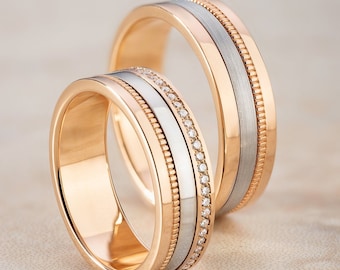Two-tone wedding bands set. Unique wedding bands. Matching wedding rings. Solid gold wedding bands. His and hers wedding bands. Gold bands
