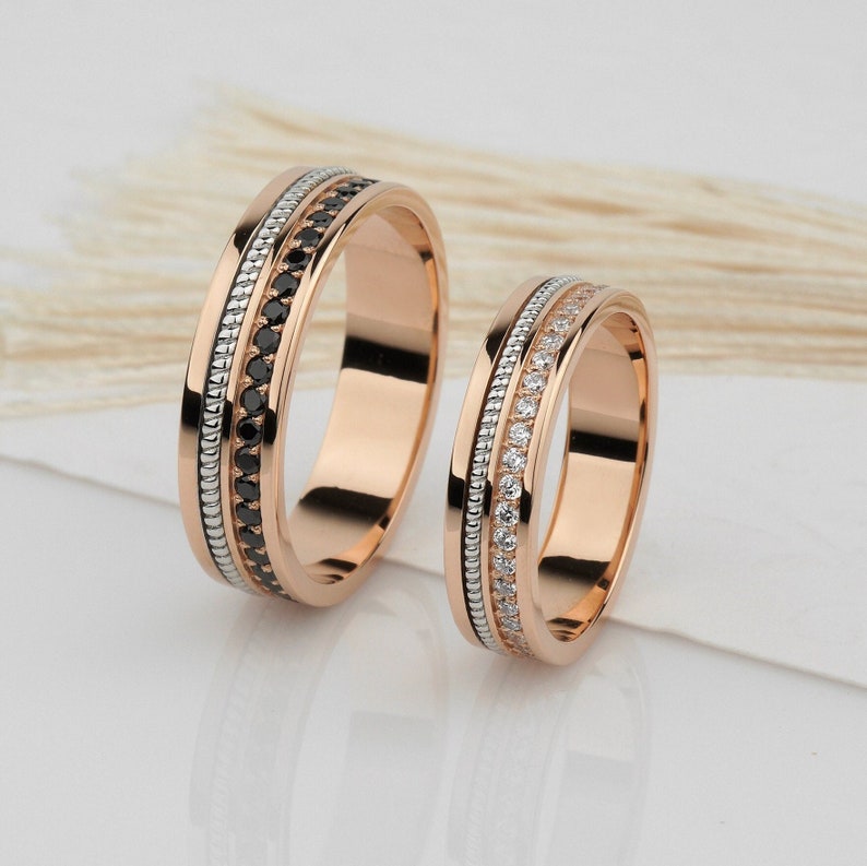 Gold Wedding Rings Set With Black and White Diamonds. Unique Etsy