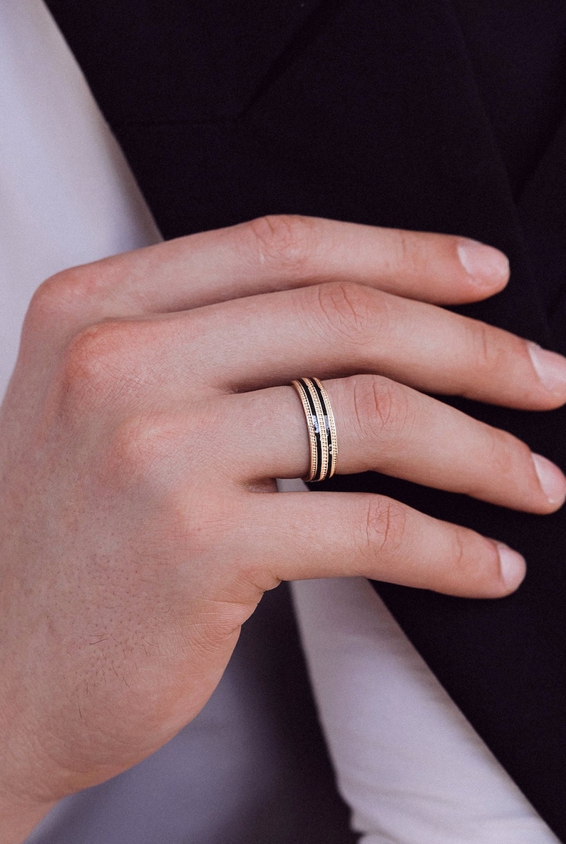 Black and Gold Wedding Band. Gold Ring With Black Enamel. Etsy