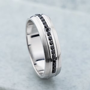 Mens wedding rings with black diamonds. White gold wedding band for men. Unique wedding ring with black stones. Wedding ring for him.