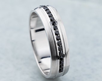 Mens wedding rings with black diamonds. White gold wedding band for men. Unique wedding ring with black stones. Wedding ring for him.