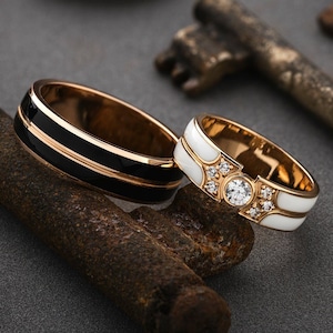 14k Gold Emaille Eheringe. Eheringe mit Emaille. Einzigartige Eheringe. Paar Ringe. Passende Eheringe. Schwarze Eheringe.