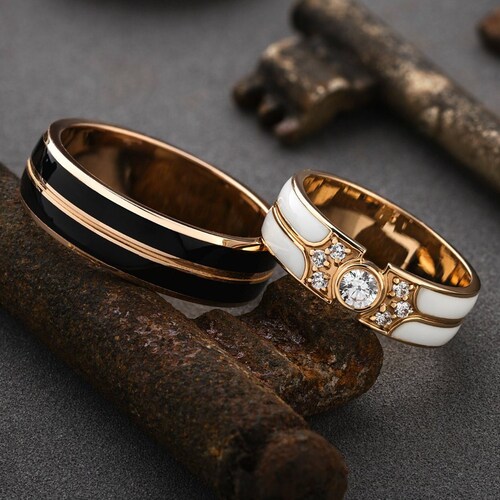 14k Gold Enamel wedding bands. Wedding bands with enamel. Unique wedding bands. Couple rings. Matching wedding bands. Black wedding bands.