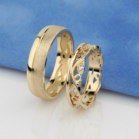 10k Yellow Gold Diamond His Hers Matching Trio Wedding Engagement Brid |  Las Villas Jewelry