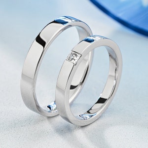 Plain gold wedding bands with princess cut diamond. Couple wedding rings set. Solid gold wedding rings set. His and hers wedding bands