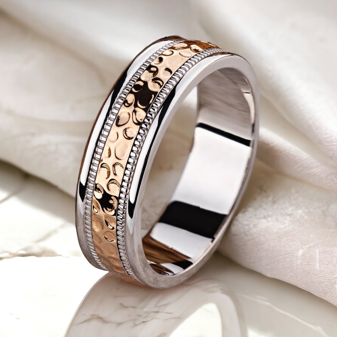 Handcrafted Two-tone Men's Wedding Ring With Textured Surface. Men's ...