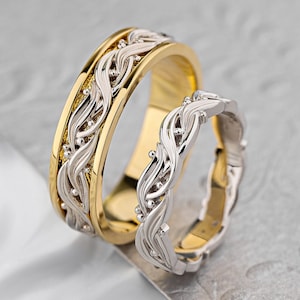 Vine wedding bands. Unique wedding rings set. Gold wedding rings. His and hers wedding rings set. Boho rustic wedding bands