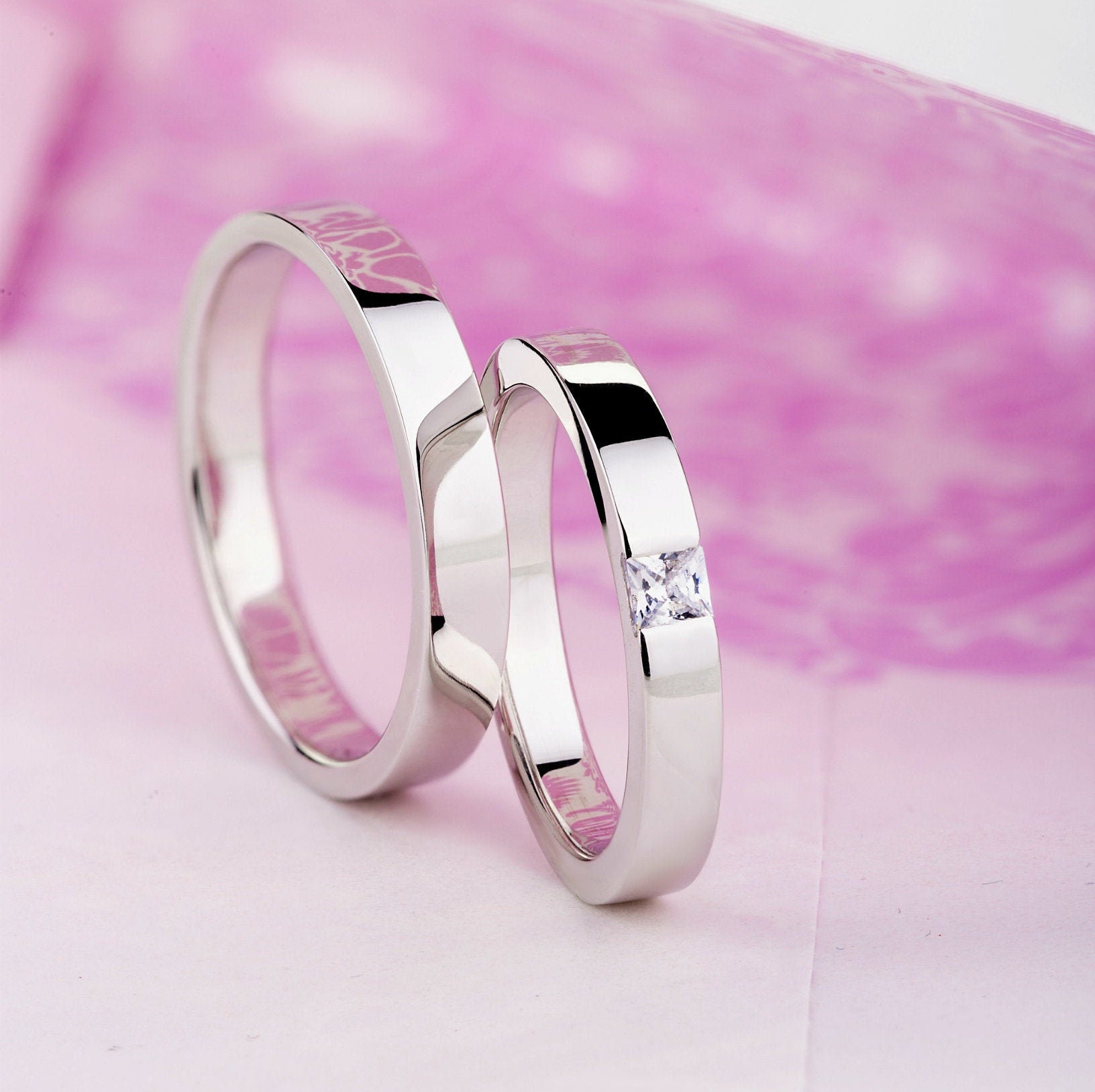 Simple White Gold Wedding Bands With Diamond. His and Hers - Etsy