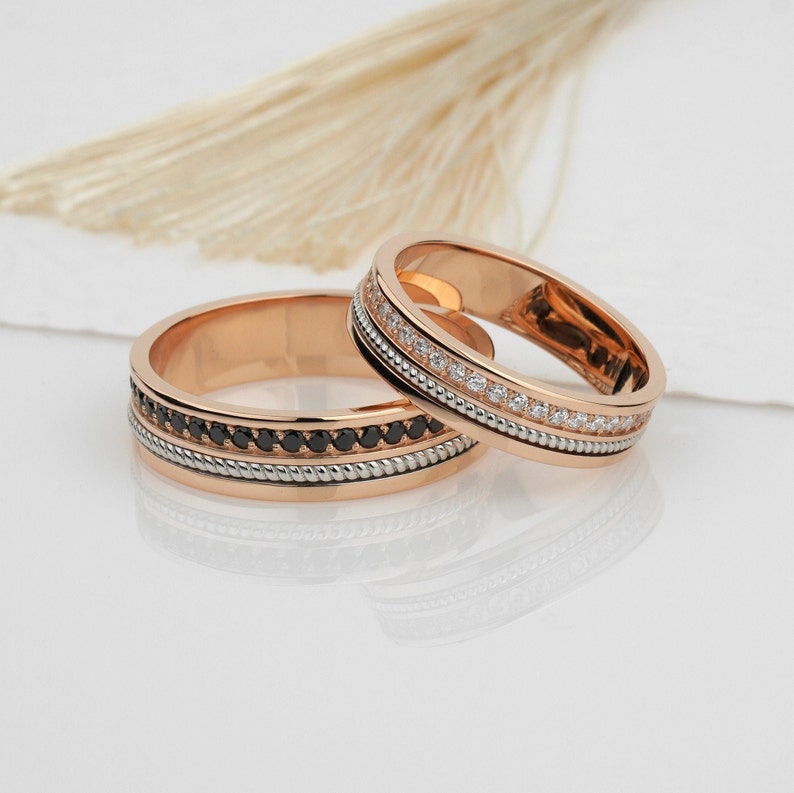 Gold Wedding Rings Set With Black and White Diamonds. Unique Etsy