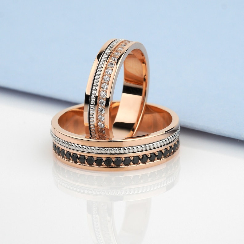 Gold Wedding Rings Set With Black and White Diamonds. Unique Etsy