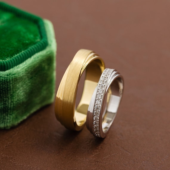 Buy Matching Wedding Bands With Unique Twisted Design. Gold Rings Set.  Couple Wedding Rings. Gold Bands With Diamonds. Unusual Wedding Bands  Online in India - Etsy