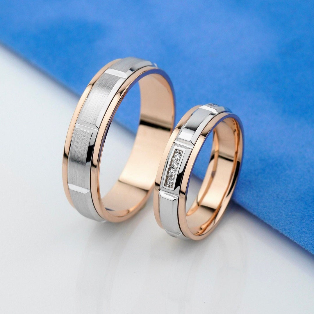 Wedding Band Set His and Hers. Unique Gold Wedding Bands. Matching