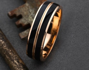 Gold wedidng ring with black enamel. Unique wedding band. Mens wedding ring. Black and gold wedding band. Ring for him