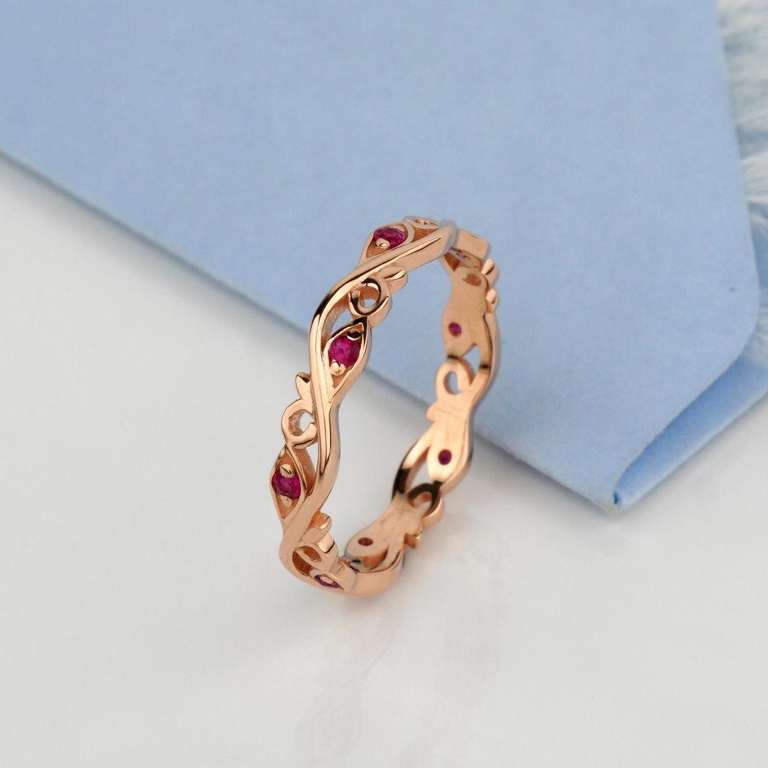 14k Gold Ruby Wedding Band. Floral Ruby Band, July Birthstone Ring ...