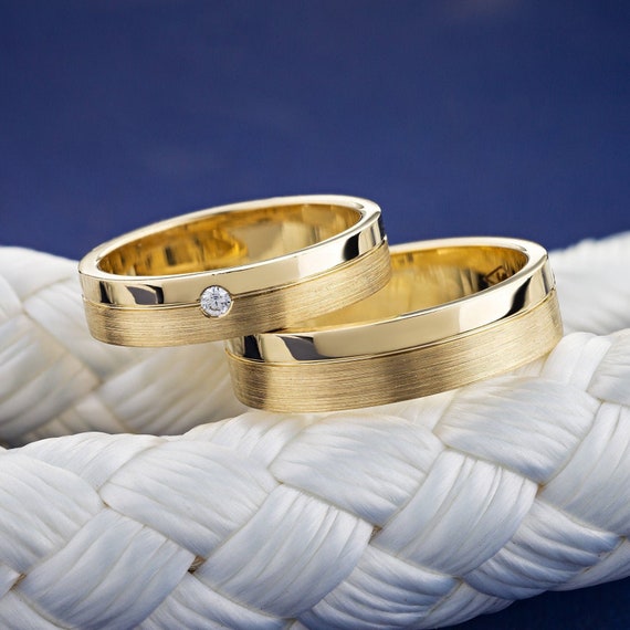 Gold wedding bands with diamond. Matching wedding rings. Etsy