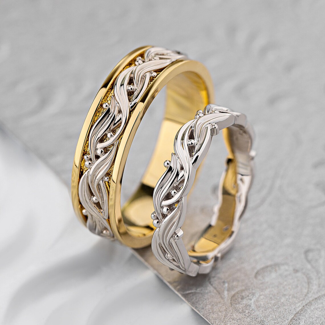 Unique Wedding Bands Set Gold Wedding Rings Vine Wedding Etsy