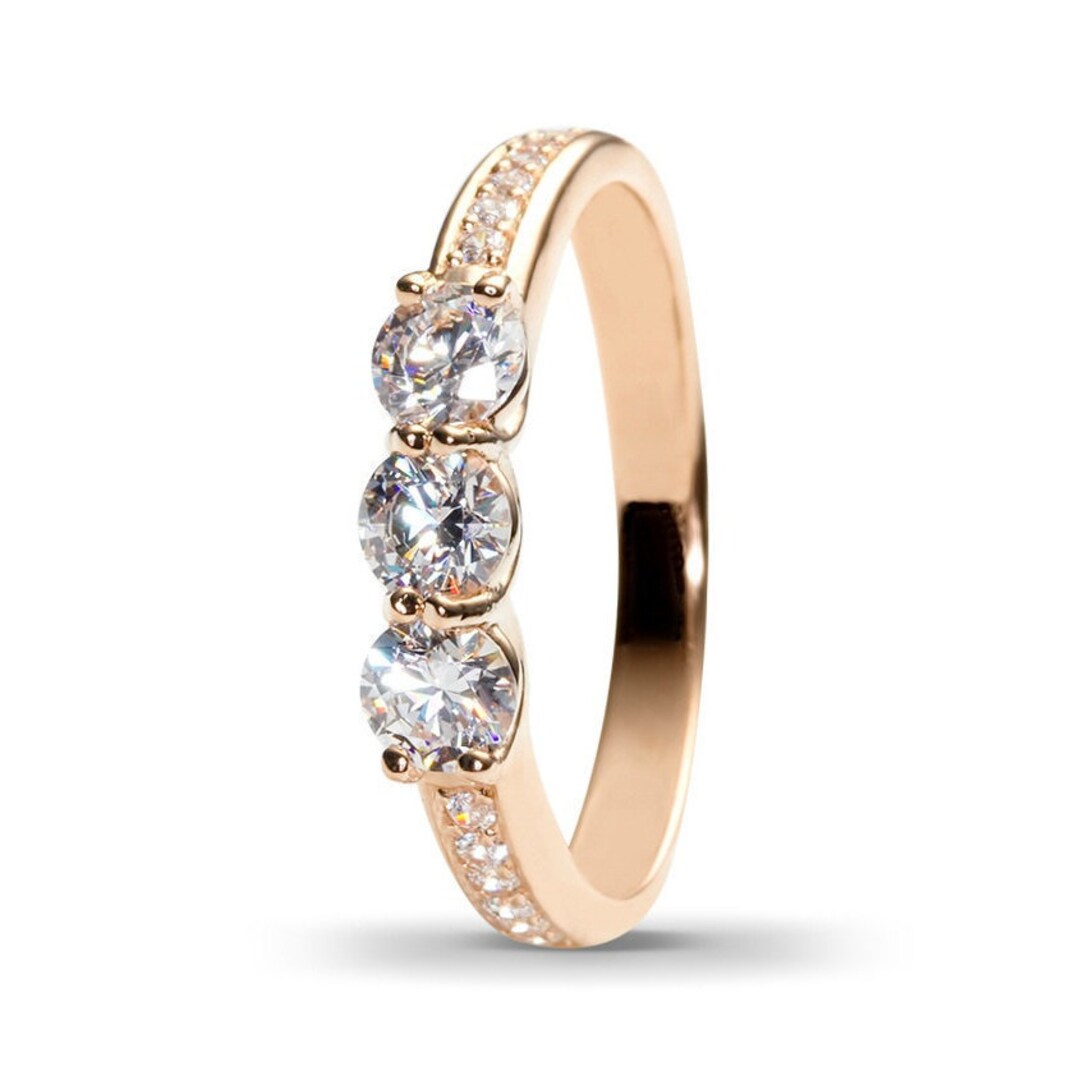 14k Solid Rose Gold 3-Stone Diamond Engagement Ring - Round Cut, Ideal Cut, D Color
