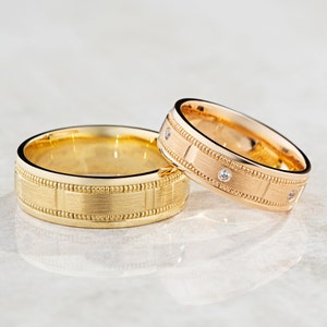 Unique wedding rings set with milgrain details. Gold wedding bands. His and hers wedding bands. Matching wedding rings. Couple wedding rings