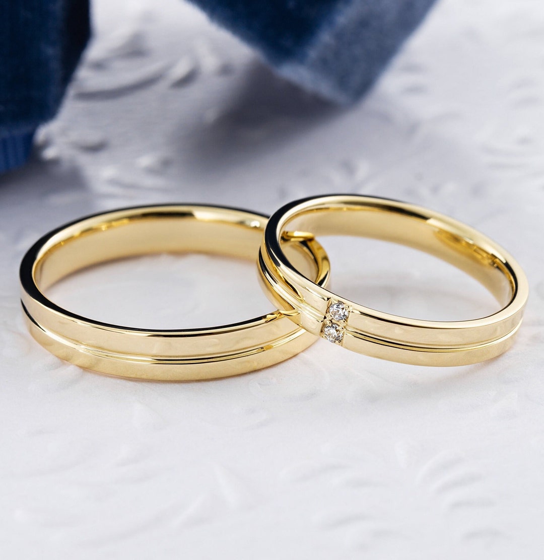 The Duo Gold Diamond and Gold Plain Band Silver Rings – Meery Rings