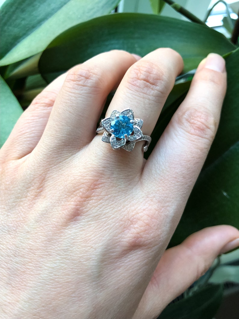 Lotus Flower Ring With Natural Topaz. Blue Topaz Etsy