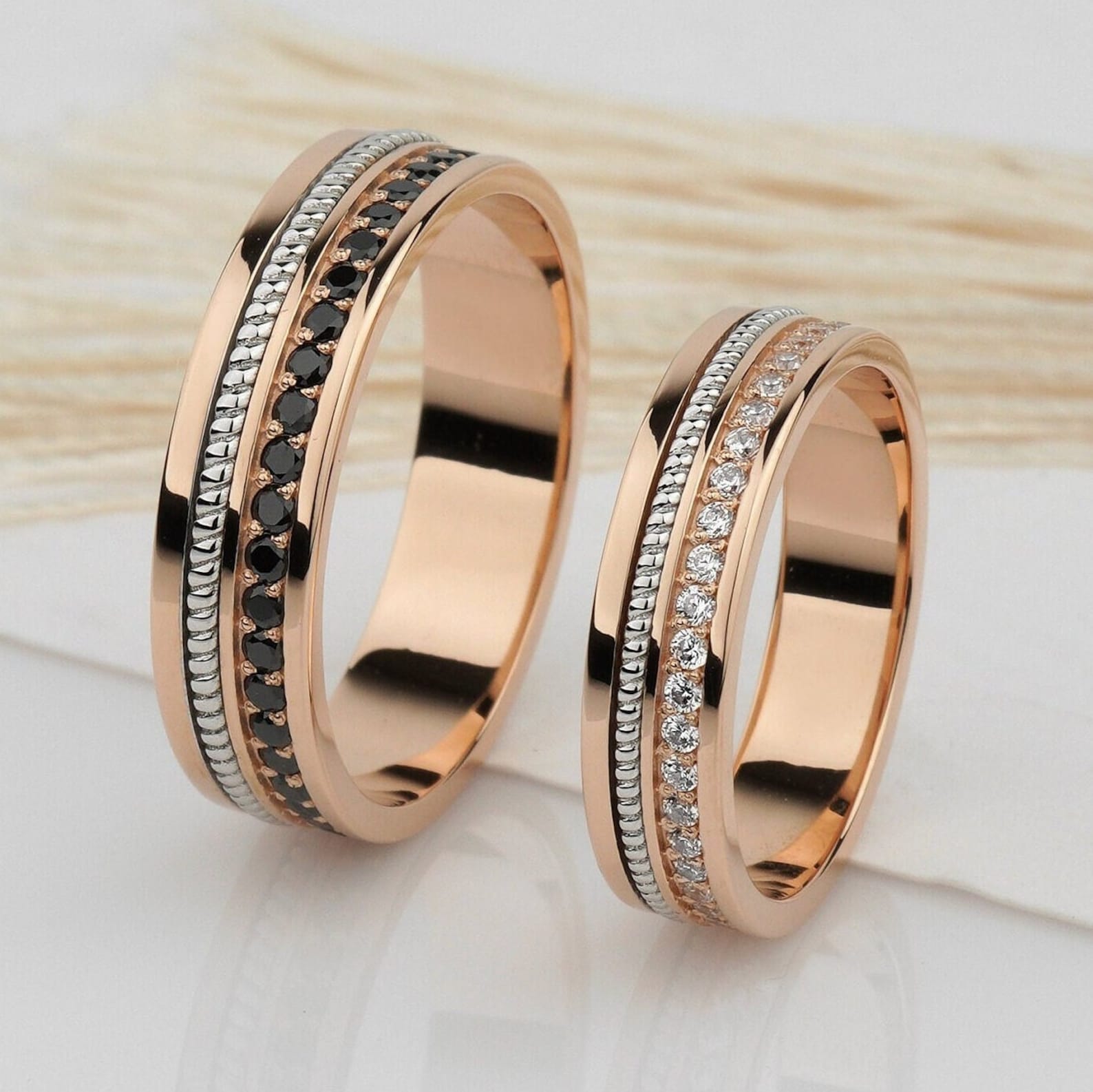 Gold Wedding Rings Set With Black and White Diamonds. Unique Wedding