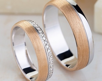 Matching wedding bands made of 14k gold. Wedding rings set. Womens wedding band. Men's wedding band. Two tone wedding bands. Diamond bands.