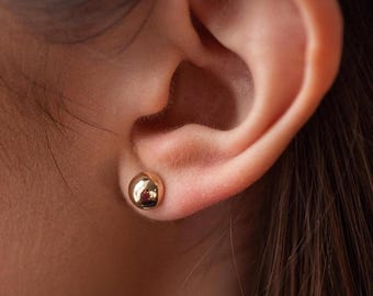 14K Solid Gold Ball Stud Earrings - Minimalist 7mm Sphere. Solid gold Screw Back Earrings