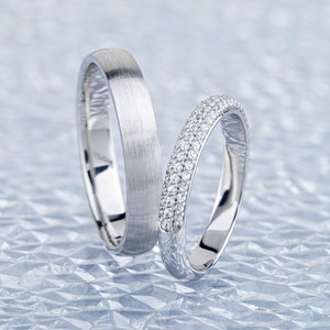 White gold wedding rings set with diamonds in her ring. His and hers wedding bands. Couple rings. Gold wedding rings set.Matching gold rings