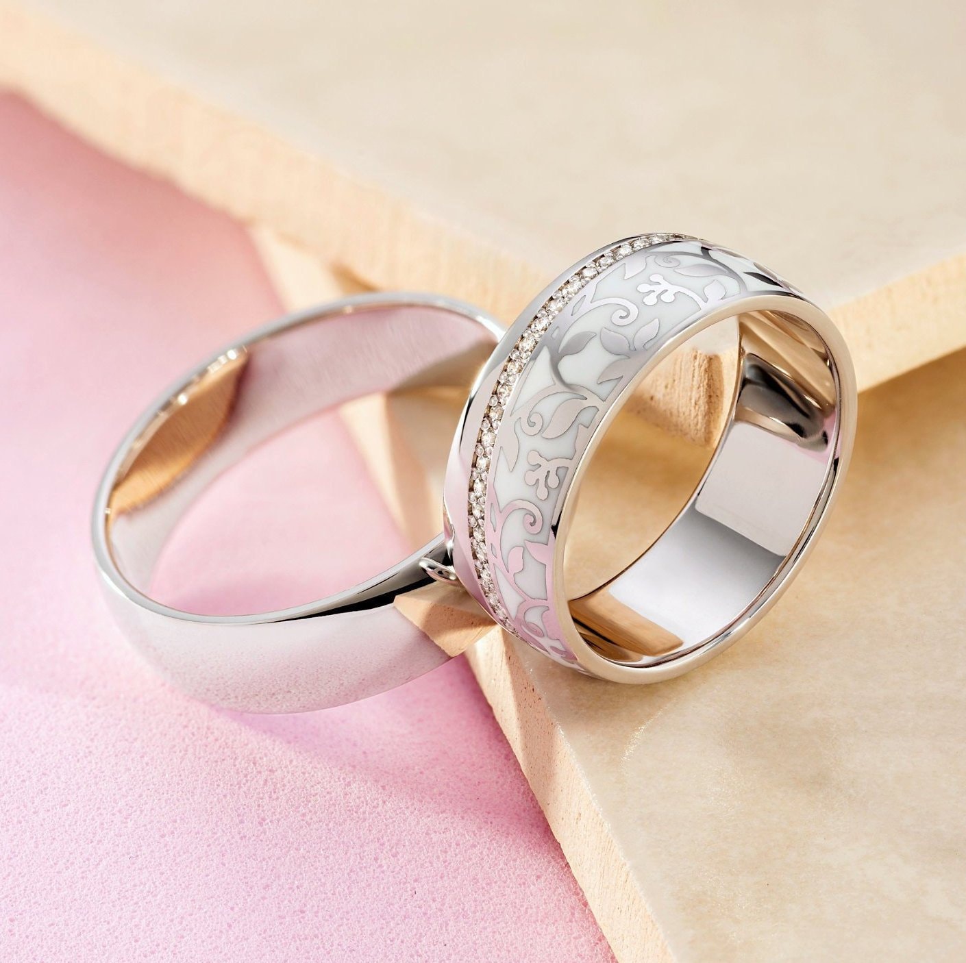 Unique wedding bands  with enamel Floral  wedding bands  