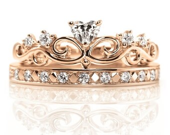 14k Gold Crown Rings Set. Princess crown ring. Queen ring. Princess ring. Gold Crown Ring. Tiara ring. Crown ring.Bridal rings set.