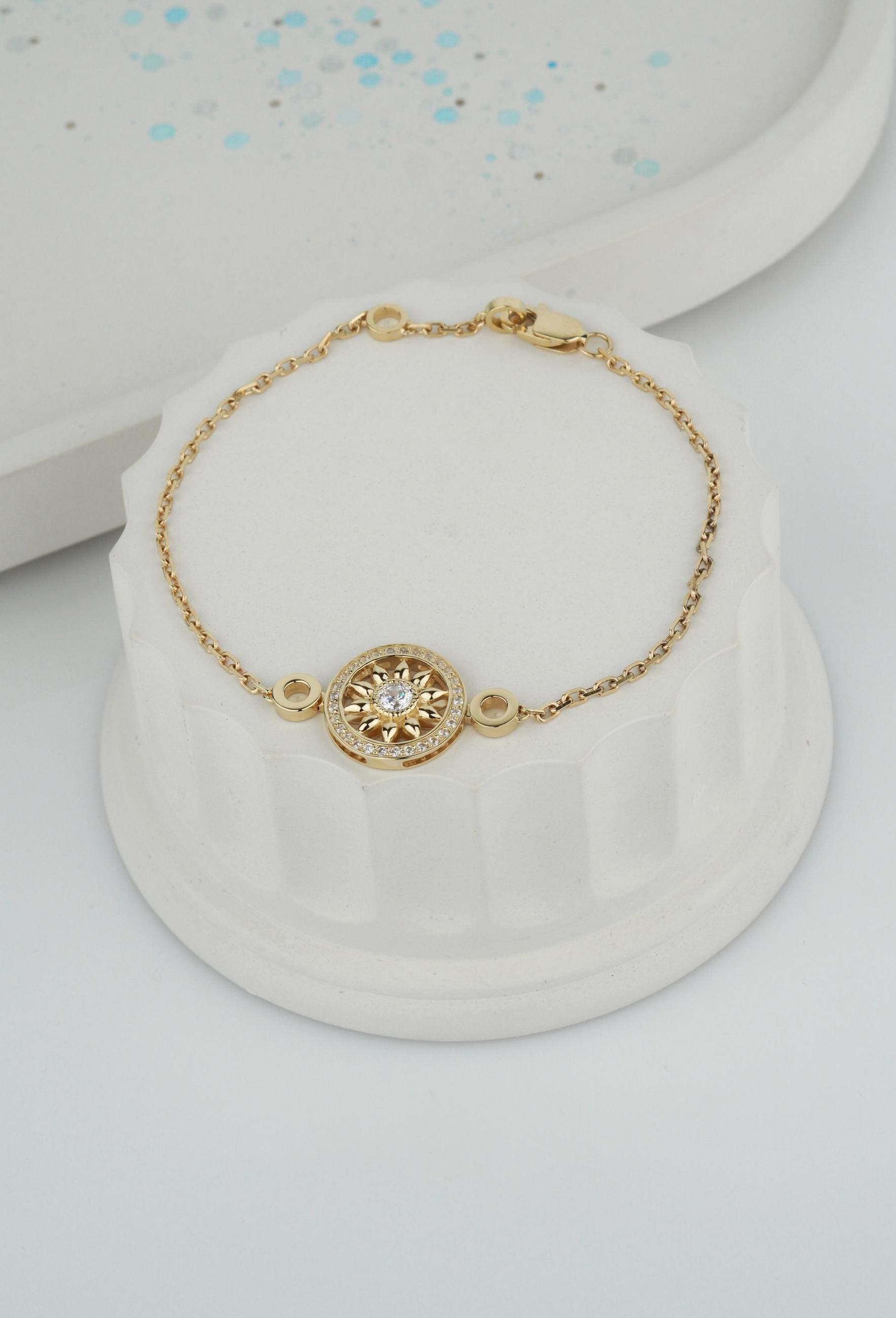 Sunflower Initial Bracelet - 14K Gold Plated Charm Bracelet With Heart Initial, Gift For Girls & Women