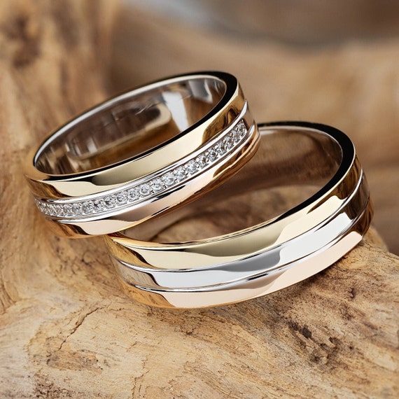 Buy Tricolor Wedding Bands. His and Hers Wedding Bands Set Made of Three  Colors of Gold. Couple Rings Set. Tri-tone Wedding Rings. Unique Bands.  Online in India - Etsy