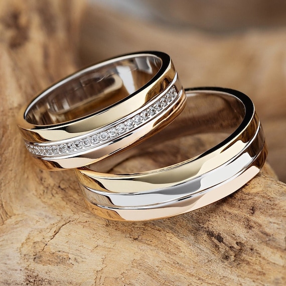 Buy Tricolor Wedding Bands. His and Hers Wedding Bands Set Made of Three  Colors of Gold. Couple Rings Set. Tri-tone Wedding Rings. Unique Bands.  Online in India - Etsy