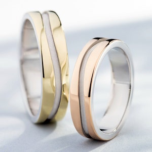 Two-tone gold wedding bands set.  Matching wedding rings. His and her gold wedding rings set. Matching wedding bands. Couple rings.