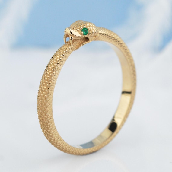 Ouroboros Gold Ring With Natural Emeralds. Unique Gold Ring