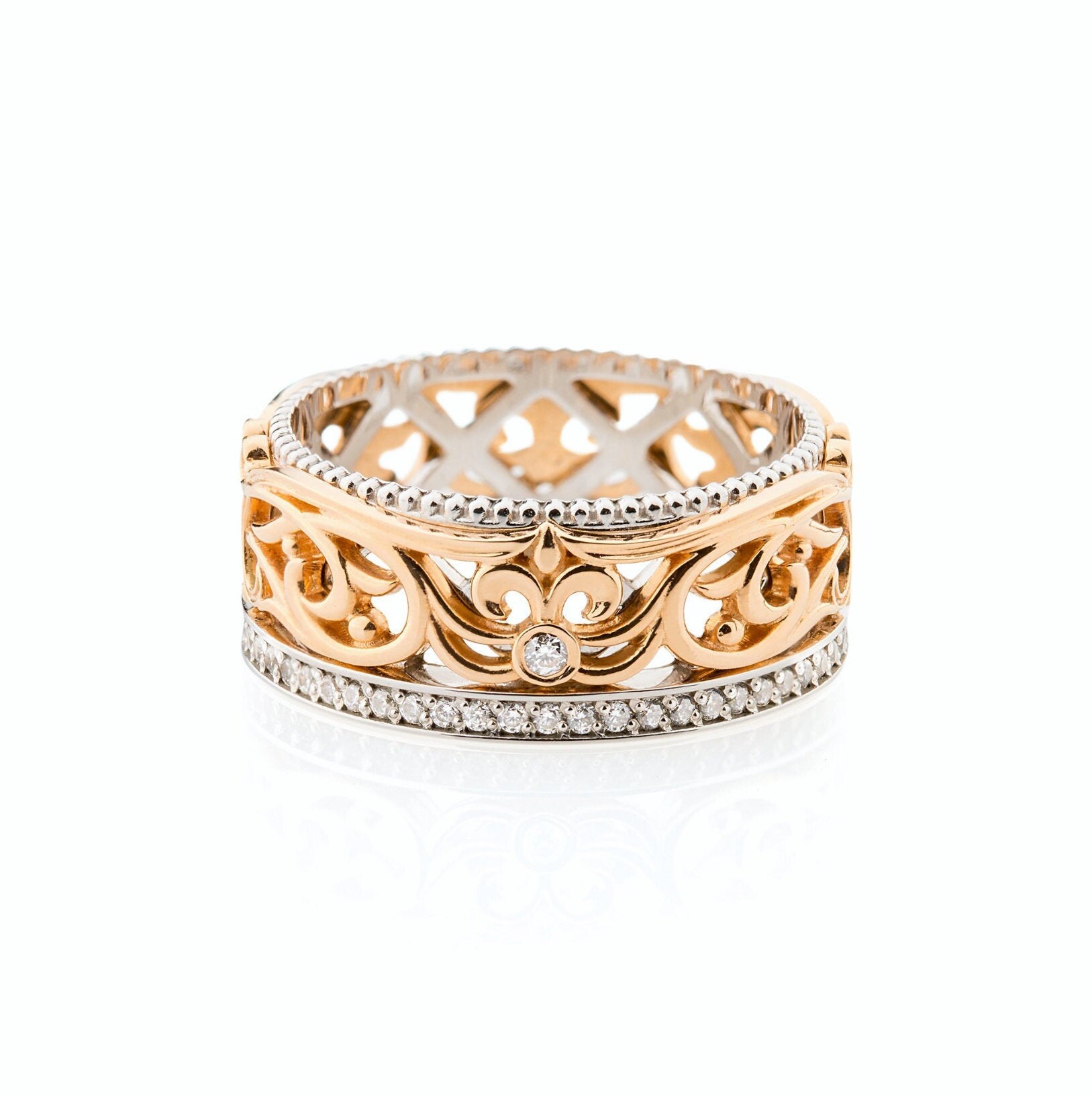 Unique women's wedding band with diamonds. Filigree Etsy